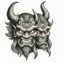 Two Japanese Oni masks one sad one happy tattoo design idea