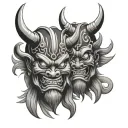 Two Japanese Oni masks one sad one happy tattoo design idea