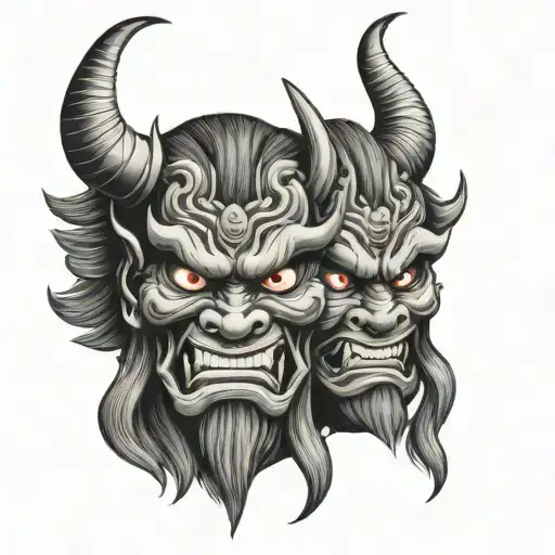 Two Japanese Oni masks one sad one happy tattoo design idea
