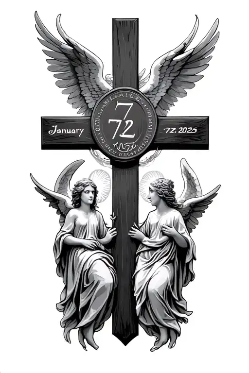 Cross with two angels and the date January 7 2025 tattoo design idea