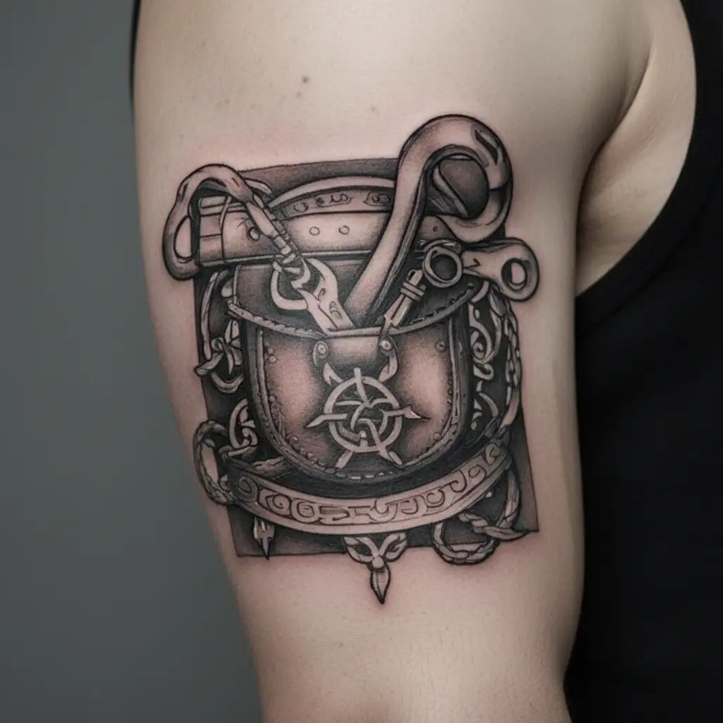 A black-grey tattoo of an electrician's tool belt with a Celtic knot design representing Irish ancestry tattoo design idea