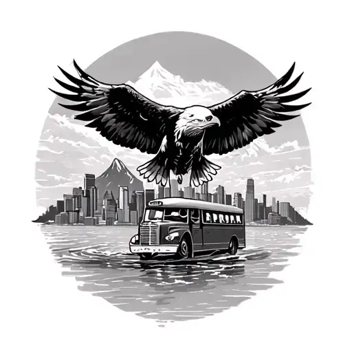 bald Eagal flying down from the mountian above water and a costly in front with a bus driving in the city  tattoo design idea