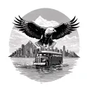 bald Eagal flying down from the mountian above water and a costly in front with a bus driving in the city  tattoo design idea