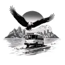 bald Eagal flying down from the mountian above water and a costly in front with a bus driving in the city  tattoo design idea