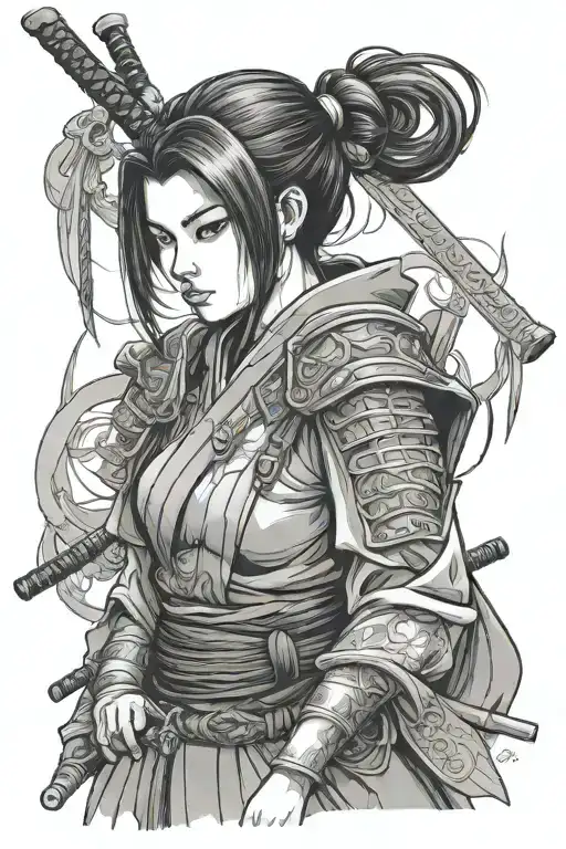 A beautiful  brunette dressed as a samurai  with a stern look on her face wearing a yoroi and a kabuto tattoo design idea