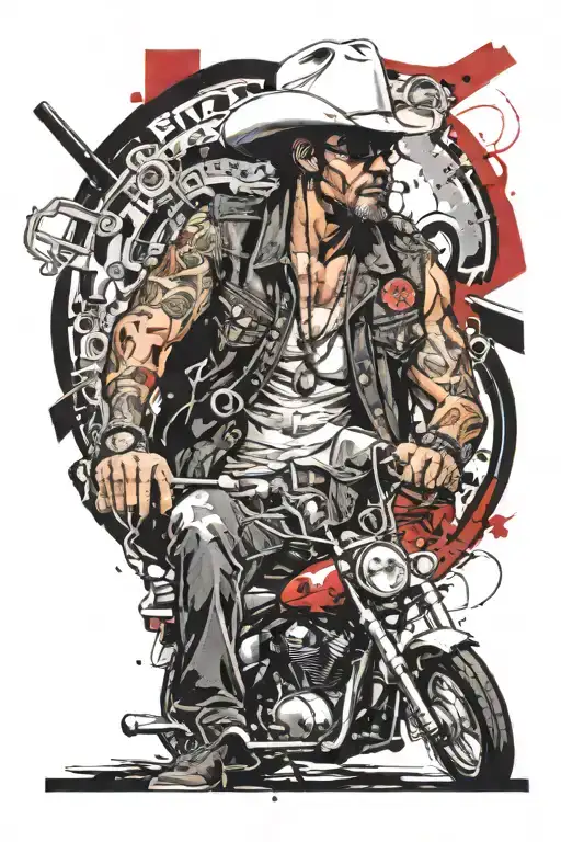 A guy in jeans,  a flannel shirt and a cowboy hat wearing a vest with a motorcycle and cross on it with Psalms 23:4 tattoo design idea