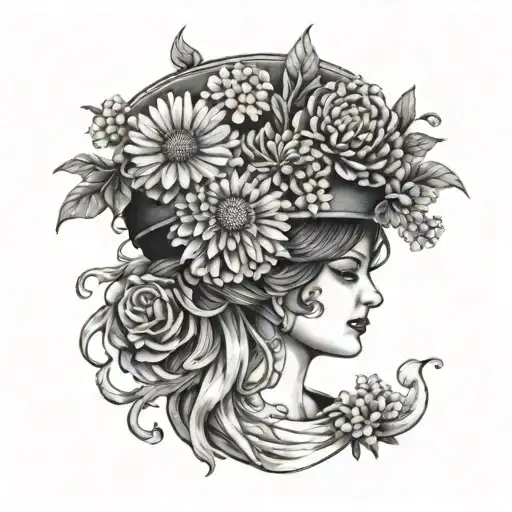 A detailed black and grey tattoo of a nurse's cap adorned with carnations, daisies, and asters, representing the client's dedication to their nursing profession tattoo design idea