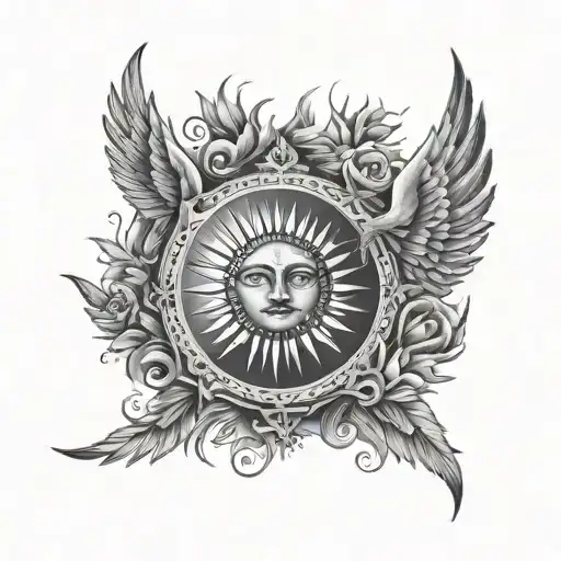 sun moon crown and wings tattoo design idea