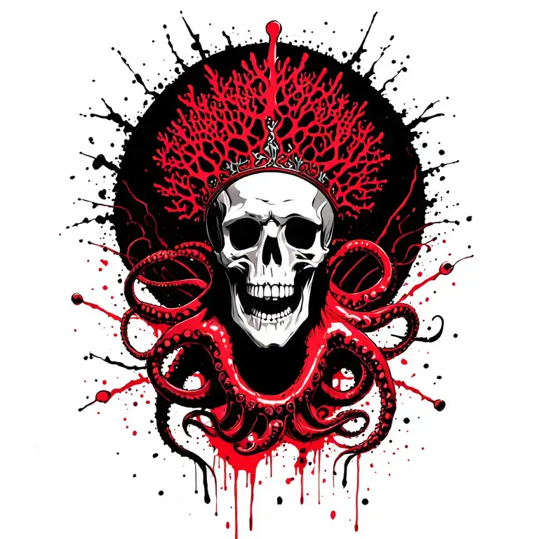 king of bones with a coral crown surrounded by tentacles, black background  tattoo design idea