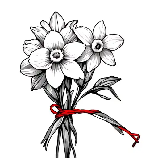 daffodil and cosmos flowers tied toghether with a red string tattoo design idea