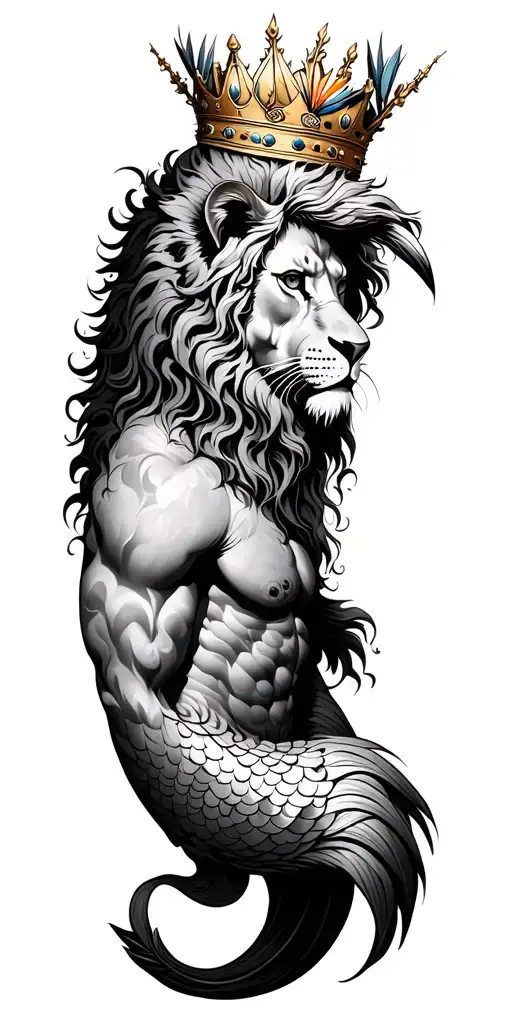 Neo traditional tattoo half lion half merman wearing a crown with a bird of paradise  tattoo design idea