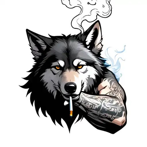 sigma wolf injecting his arm with steroids while smoking a cig tattoo design idea