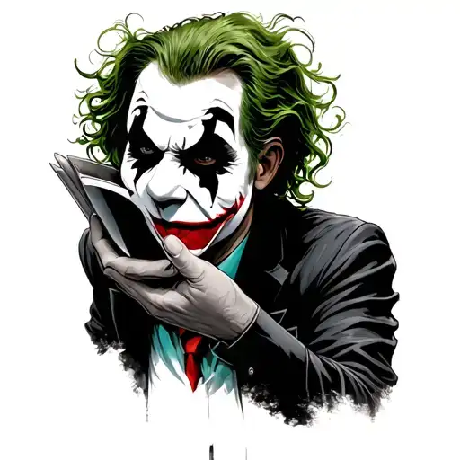 joker with mask in his hand holding it up mask tattoo design idea
