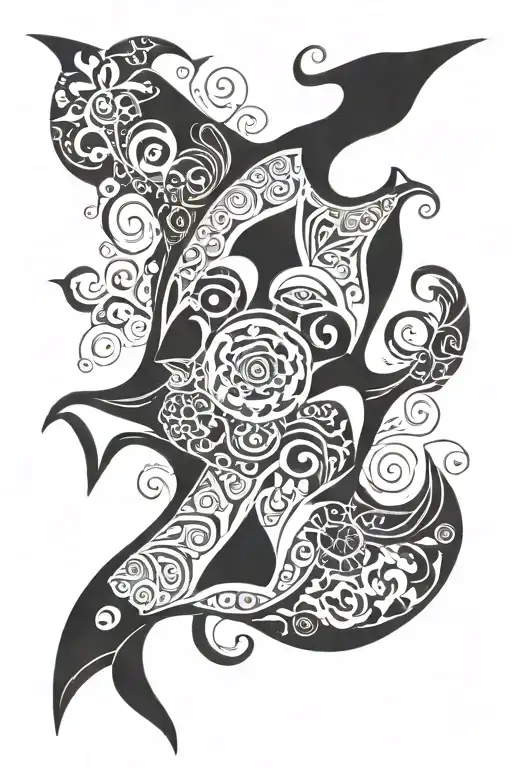 a manta ray that includes a turtle in the middle, a penguin and a black fern. the tail must be a whale tattoo design idea