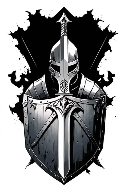 Dark Fantasy sword and shield knight in armor tattoo design idea