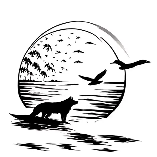 wolf howling at moon with a male mallard duck flying into a sunset tattoo design idea