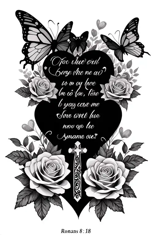 bible verse Romans 8:18, rose and butterflies surrounding, cross, hearts  tattoo design idea