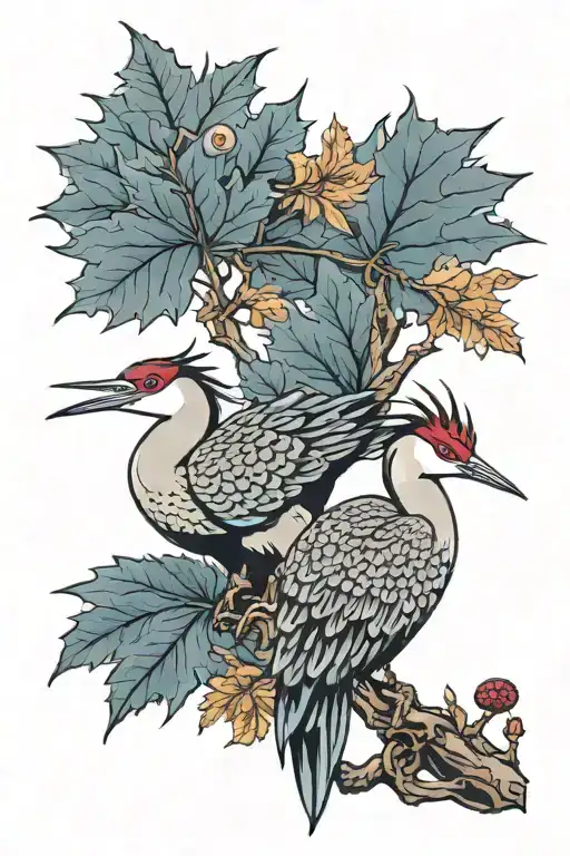 sturgeon cranes maple leaves tattoo design idea