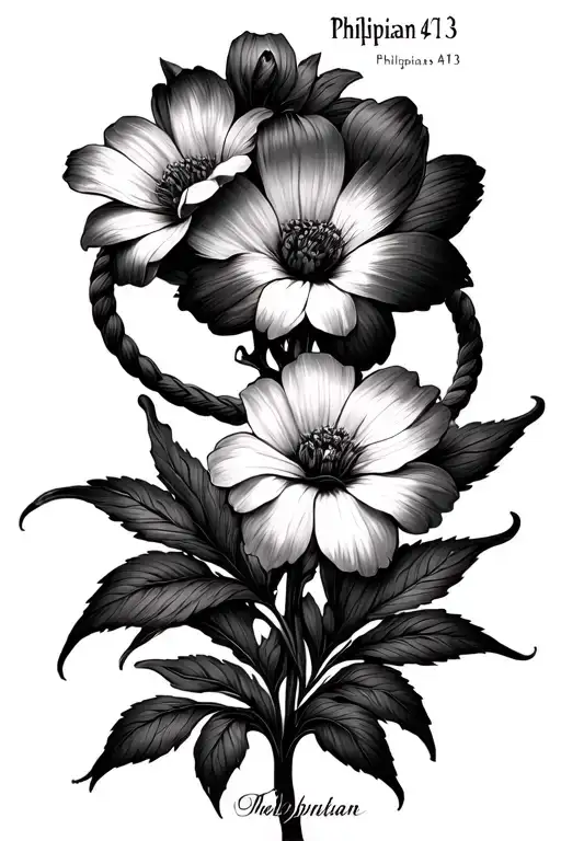 flowers, rope, Philippians 4:13 incorporated tattoo design idea
