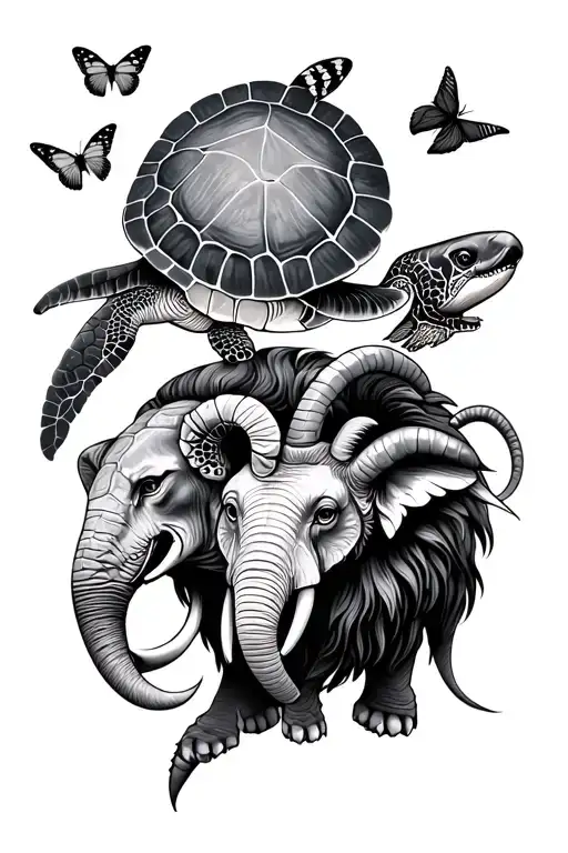 from top to bottom turtle, butterfly, lion, shark , ram elephant, fine lines all filled together to from one image  tattoo design idea