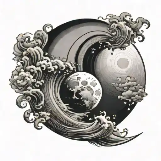 waxing gibbous moon in back and a wave in front as a yin-yang shape tattoo design idea