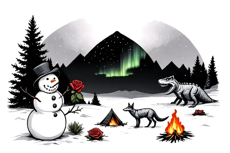 a winter landscape with a snowman, the northern lights, a rose, a fox, campfire, and t. rex fossil tattoo design idea