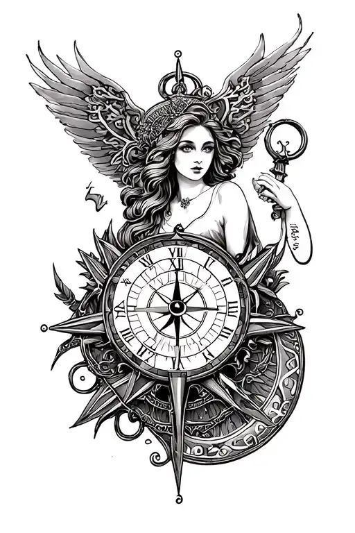 Lady Luck, Road of Life, Compass, Clock tattoo design idea