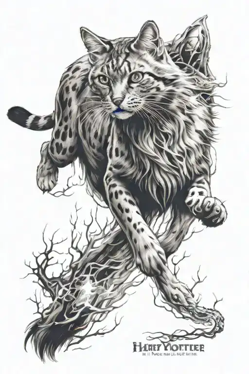 wild cat with harry potter patronus effect tattoo design idea