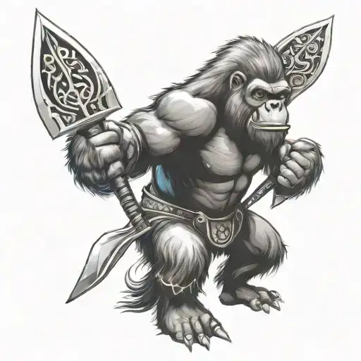 gorilla in gladiator armor holding a pitchfork going tattoo design idea