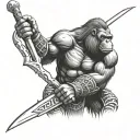 gorilla in gladiator armor holding a pitchfork going tattoo design idea