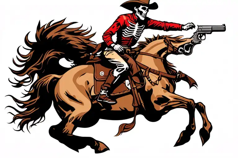 cowboy skeleton riding a bucking bronco holding a pistol tattoo design idea