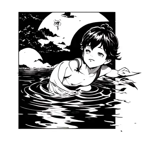 neo traditional Japanese peach boy floating on water  tattoo design idea