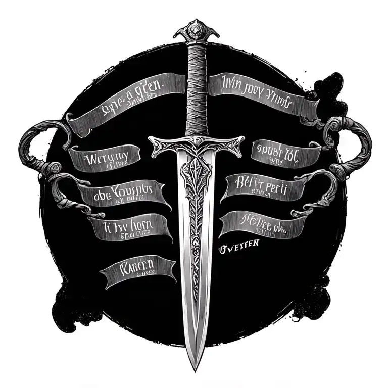 sword going down that has the names kate gwen ivy and peri and have a bible verse about protecter on handle of sword tattoo design idea