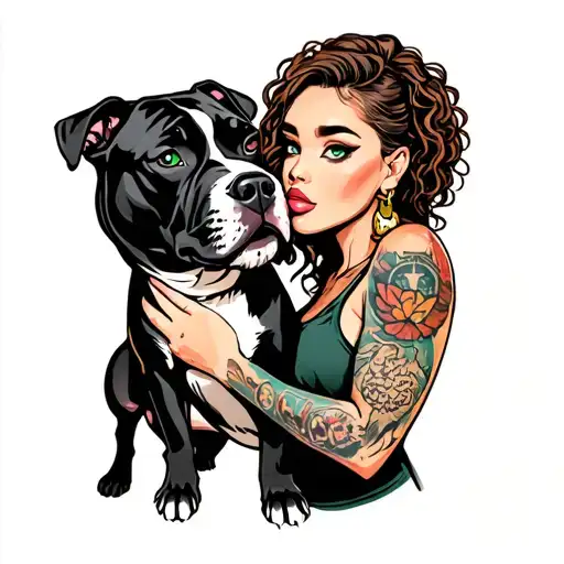 woman, curley hair girl, green eye, lion tattoo on left arm, hold a pitbull and kiss him tattoo design idea