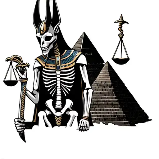Egyptian Anubis half skeleton holding a libra scale in one hand and scimitar in the other with the pyramids in the back tattoo design idea