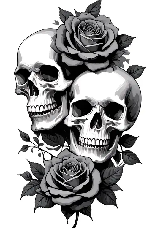 2 skulls with roses intertwined  tattoo design idea