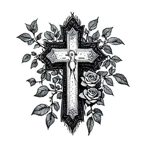 A dotwork tattoo of a cross intertwined with a rose vine, symbolizing faith and growth in the Lord tattoo design idea