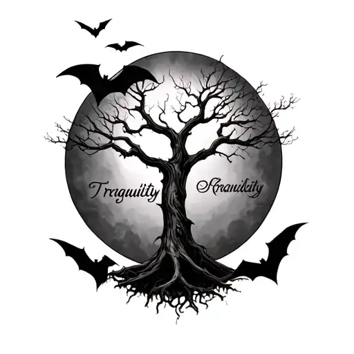 poison tree with bats flying and tranquility written next to it tattoo design idea