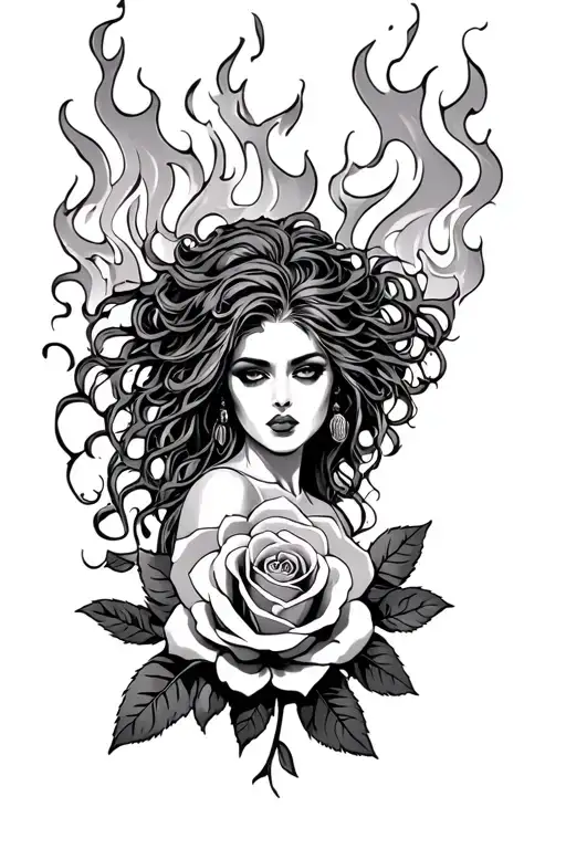 madusa and burning roses tattoo design idea