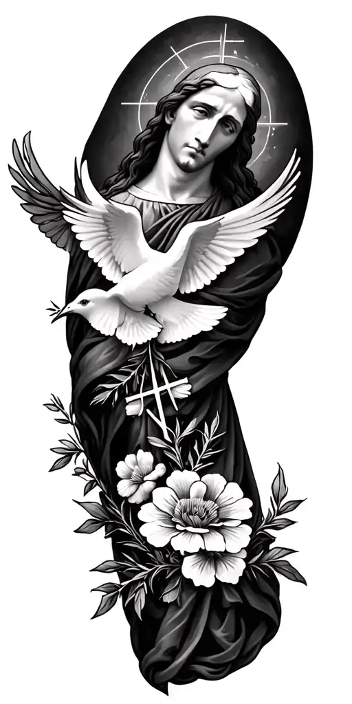 catholic religion symbols Christ, rosemary wrapped around arm, flowers, doves tattoo design idea