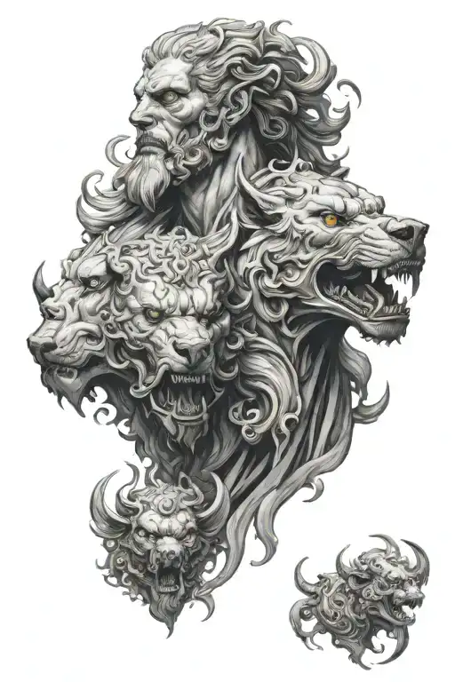 Hades god with a cerberus head profile holding tattoo design idea
