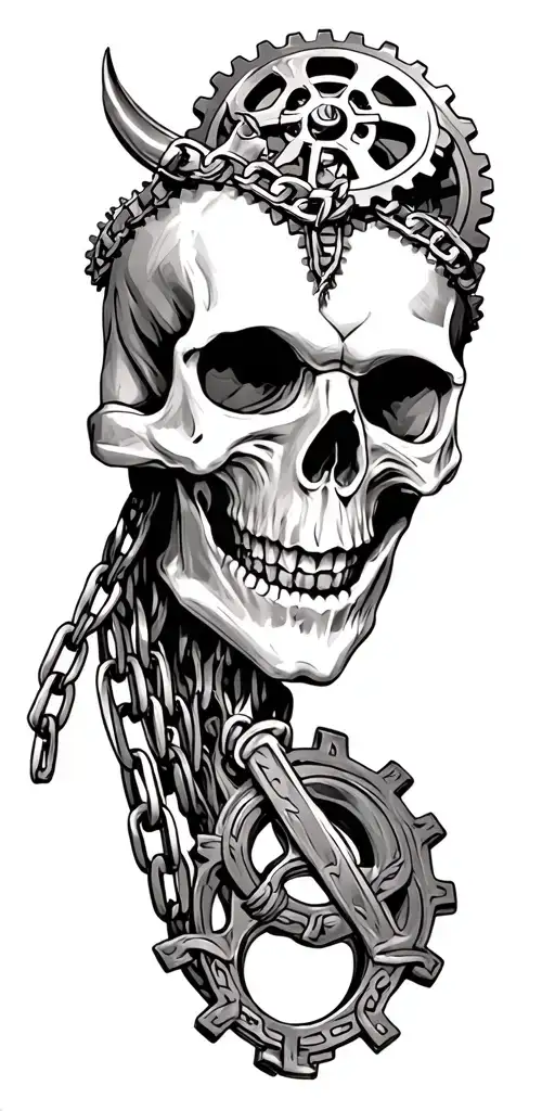 Viking skull, gears, chain, whiskey, harley tattoo design idea
