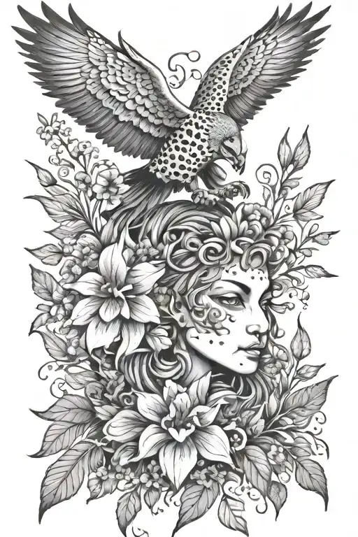 Icarus falling, a wildflower and a leopard head tattoo design idea