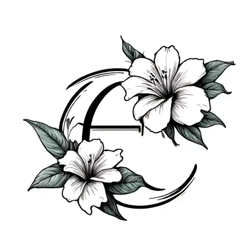tropical flower with letter e in cursive writing tattoo design idea