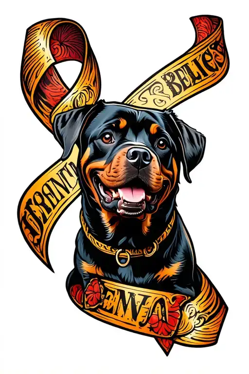 Canceer ribbon intertwined with Dementia ribbon and a Rottweiler. tattoo design idea