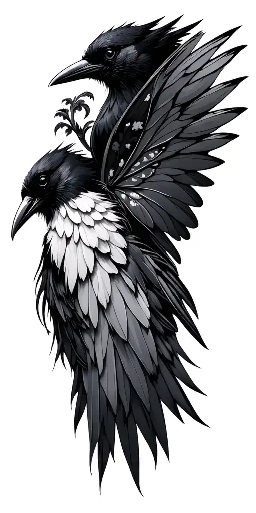 1 black crow earthy feminine fairy wings in tree tattoo design idea