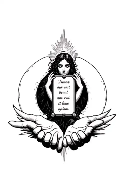 Cool memorable tattoo with a sign for the text in the hands of an angel tattoo design idea