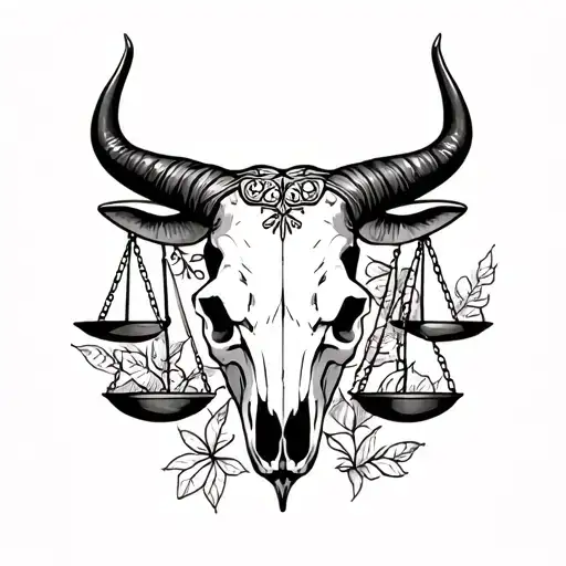 libra scales and feminine taurus bull skull tattoo design idea