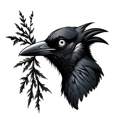minimalist illustrated crow with a human eye in its beak tattoo design idea