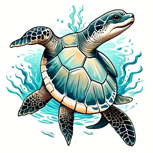 dolphin, sea turtle swimming underwater tattoo design idea